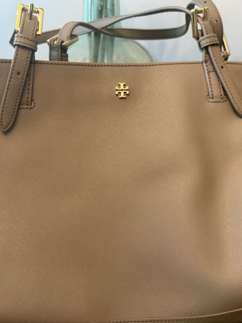 Tory Burch tan leather tote with gold logo hardware